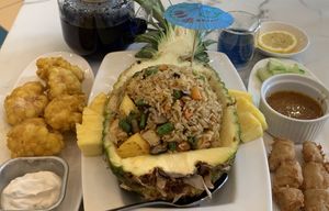 Curry Fried Cauliflower, Soy ‘Chicken’ Satay, Pinneapple Fried Rice & Blue Butterfly Pea Tea!  at Mamak Vegan Kitchen in Chamblee