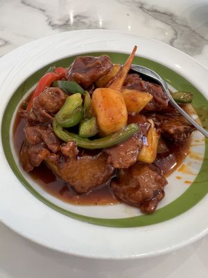 Mamak chicken entree- sweet and mild spicy deep-fried vegan chicken, bell peppers, and pineapple. Served with a side of white rice (not pictured).   at Mamak Vegan Kitchen in Chamblee