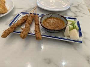 Satay chicken skewers with peanut sauce   at Mamak Vegan Kitchen in Chamblee