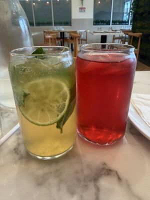 Cucumber mojito soda and hibiscus tea soda  at Mamak Vegan Kitchen in Chamblee