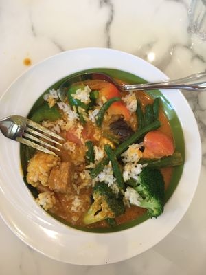 Curry with tofu, okra, string beans at Mamak Vegan Kitchen in Chamblee