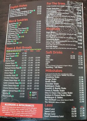Menu at Royal Watan in Birmingham