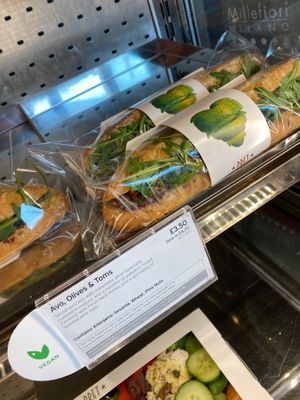 Avocado, sun-dried tomato and olive tapenade in a multigrain baguette with rocket at Pret A Manager in Ashford