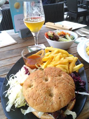 Beetroot burger on a focaccia bun, with local Winterberg beer at Bistorant Uppu in Winterberg