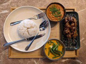 "Chicken" Satay, Indian Curry Madras and Pumpkin Curry at Vegan Bamboo Bar at Market 27 in Amsterdam
