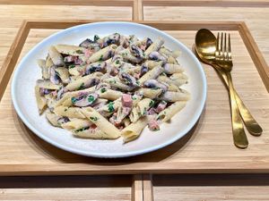 Mushroom "Ham" Truffle Oil Cream Pasta at Vegan Bamboo Bar at Market 27 in Amsterdam