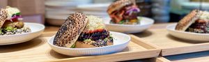 Burgers with nutrient-dense sprouts and homemade mayonnaise based on olive oil at Vegan Bamboo Bar at Market 27 in Amsterdam