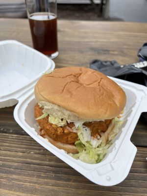 Spicy Bleu Cheeze Chick’n’ Sammich at Funguy’s Brewing in Raleigh, NC  at Vuture Food in San Pedro