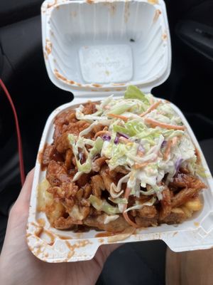 BBQ Chick’n Fries (Soy Curls, BBQ Sauce, Slaw, and Seasoned Fries   at Vuture Food in San Pedro