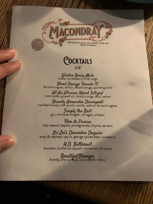 Cocktail menu  at Macondray in San Francisco