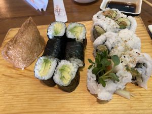 Fried tofu nigiri (left), avocado roll (middle), veggie roll (right)  at Miso Phat in Kihei