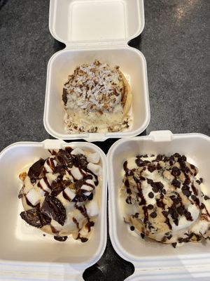 Top (Southtown) left (Fluffernutter) right (Cookie Monster)   at Cinnaholic in San Antonio