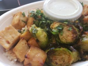Jasmine Rice
Kale Yeah Salad!
Roasted Brussel Sprouts
Roasted Street Corn
Miso Glazed Tofu
Fresh Chopped Cilantro
Creamy Garlic & Herb Sauce (Vegan) at Bolay in Pembroke Pines