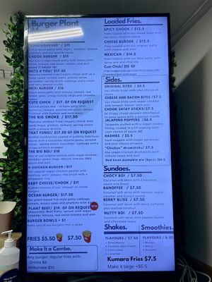 Burger and fast food menu  at Burger Plant in Dunedin