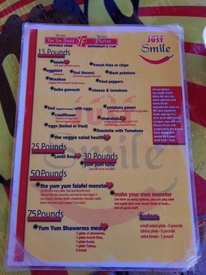 Menu page 1 at Yum Yum Falafel in Dahab