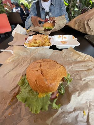 Bacon burger, mushrooms burger and cheese fries . at Evolution Fast Food in San Diego