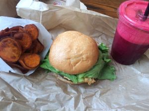 sweet potato fries, tempeh mushroom burger, magic elixir juice at Evolution Fast Food in San Diego