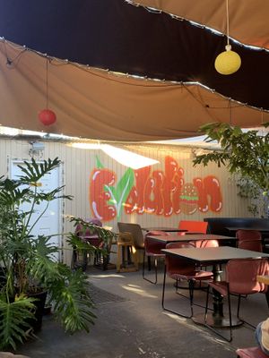 Back patio  at Evolution Fast Food in San Diego