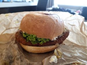 Pesto chick'n burger at Evolution Fast Food in San Diego