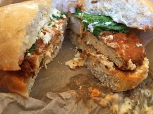 inside the Buffalo Chicken Sandwich  at Evolution Fast Food in San Diego