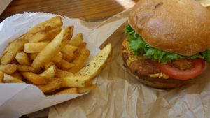 beef bacon cheeseburger & fries - amazing! at Evolution Fast Food in San Diego