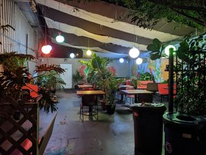 Patio dining at Evolution Fast Food in San Diego