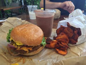 bacon cheeseburger, sweet potato fries and chocolate shake at Evolution Fast Food in San Diego