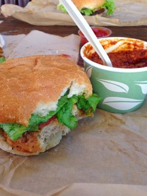Chicken ranch sandwich, cup of chili. at Evolution Fast Food in San Diego