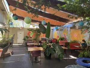 Outdoor seating  at Evolution Fast Food in San Diego