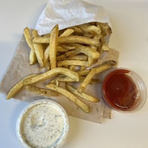 fries with ketchup and ranch (ranch was delicious but the homemade ketchup tasted really weird, not good)  at Evolution Fast Food in San Diego