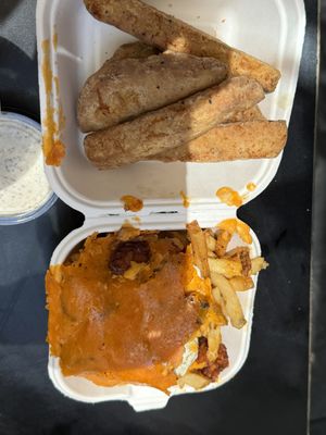 Chicken tenders and bacon cheese friess  at Evolution Fast Food in San Diego