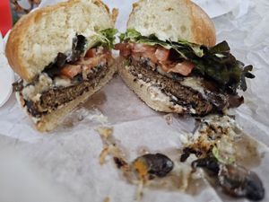 Burger at Evolution Fast Food in San Diego