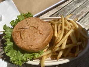 Hamburger called Fuego. Selected the black bean   at Evolution Fast Food in San Diego