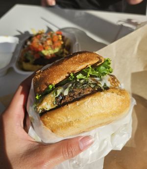 Pesto Mozzarella with Black Bean Patty at Evolution Fast Food in San Diego