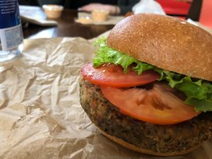 South of the border tempeh burger  at Evolution Fast Food in San Diego