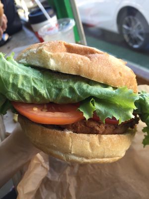 Crispy chicken sandwich  at Evolution Fast Food in San Diego