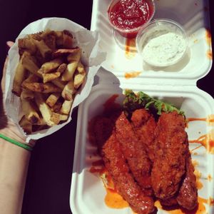 buffalo chicken with fries  at Evolution Fast Food in San Diego