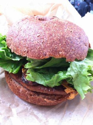 Cheddar bacon burger at Evolution Fast Food in San Diego