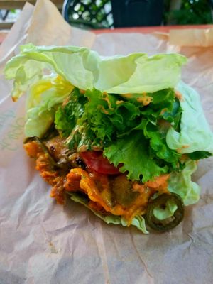 Fuego Burger (on a lettuce wrap) at Evolution Fast Food in San Diego
