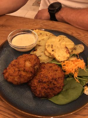 Carrot soy meatballs with potato and dip   at Pilgrim in Brno