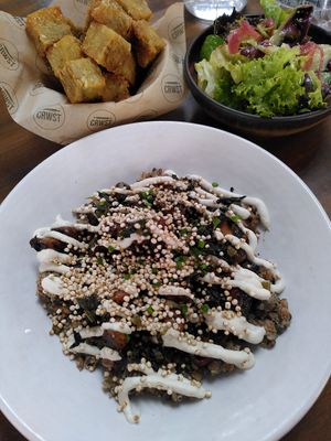 Miso mushrooms, salad and hash browns at Crwst in Cardigan