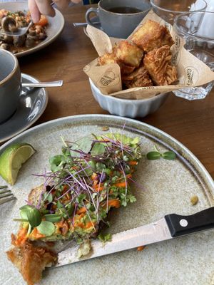 Avocado on toast and hash brownss  at Crwst in Cardigan