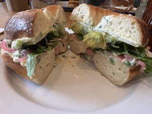 Veggie bagel with vegan scallion spread   at Pearl's in Lexington