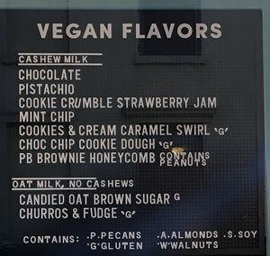 Wall menu for vegan ice cream (note: they say their Honeycomb does not contain bee honey, and thus it is indeed vegan). at Van Leeuwen Ice Cream - 3rd Ave in New York City