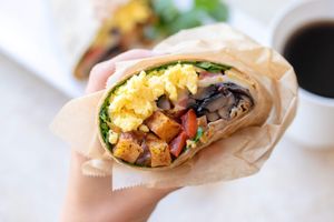 Vegan Breakfast Burrito: tofu scramble, vegan cheese, potatoes on a whole wheat tortilla.
Add Up To 3 Veggies: tomato, organic spinach, roasted red onions or roasted red peppers. at Nature's Food Patch Market & Café in Dunedin