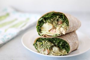 Middle Eastern Wrap: homemade hummus, tabouli, artichokes, organic cucumbers, tomato & organic spinach on a whole wheat wrap. at Nature's Food Patch Market & Café in Dunedin