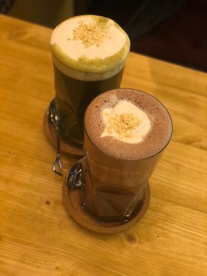 hot chocolate with nutcream, matcha with nutcream at NUTTEA - Soho in London