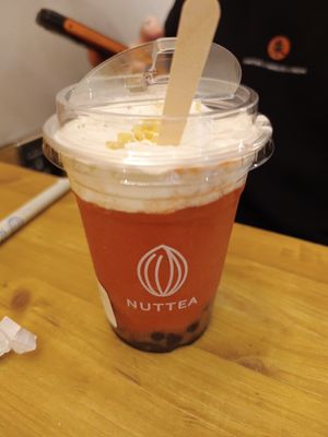 Strawberry tea with boba and nut cream at NUTTEA - Soho in London