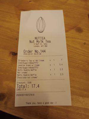 Receipt with prices at NUTTEA - Soho in London
