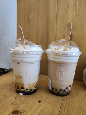 Brown sugar tea and earl grey nut mylk tea both topped with nut cream at NUTTEA - Soho in London